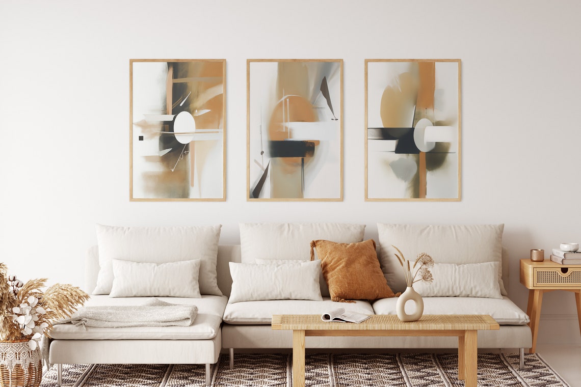 Modern Neutral Abstract 3 Piece Printable Wall Art Black and - Etsy