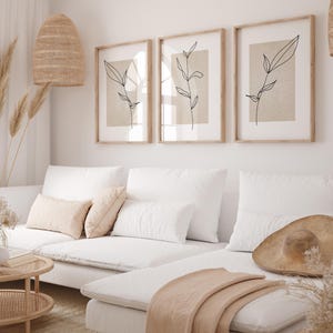 Botanical Line Art Prints: Neutral Beige Wall Art, Set of 3 (Digital Download)