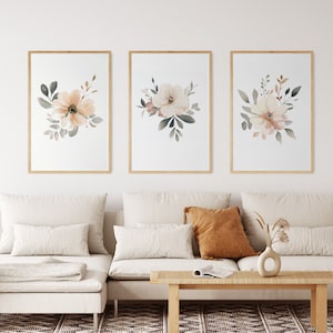 WildFlowers Art Watercolour set of 3, Neutral Botanical Boho Printable Wall Art