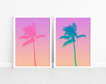 Set of 2 Prints, Pink Palm Tree Printable, Palm Tree Print, Tropical Wall Art, Beach Photography, Coastal Wall Decor, 2 Set Wall Art