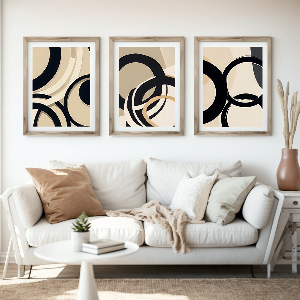 Mid Century Modern Abstract Black and Beige Printable Wall Art Set of 3 ...