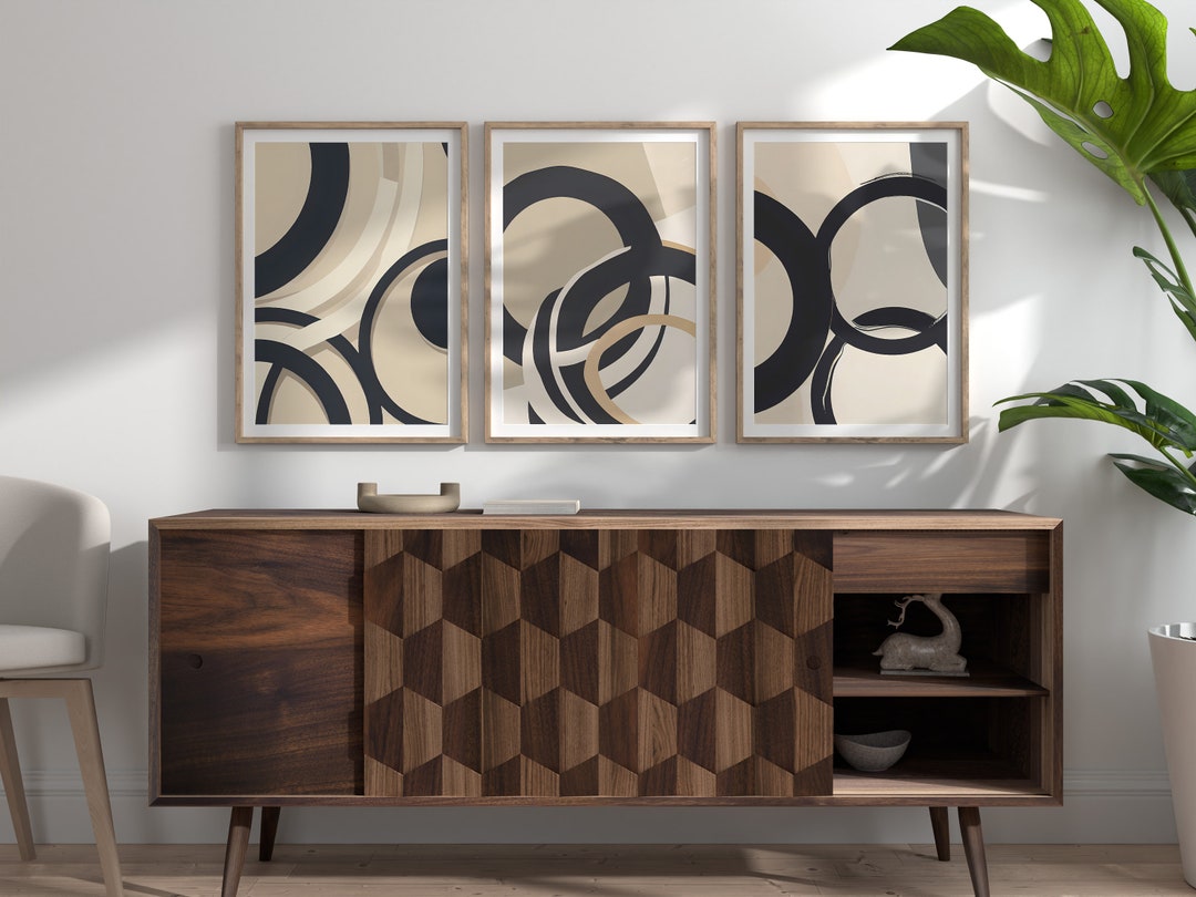 Mid Century Modern Abstract Black and Beige Printable Wall Art Set of 3 ...