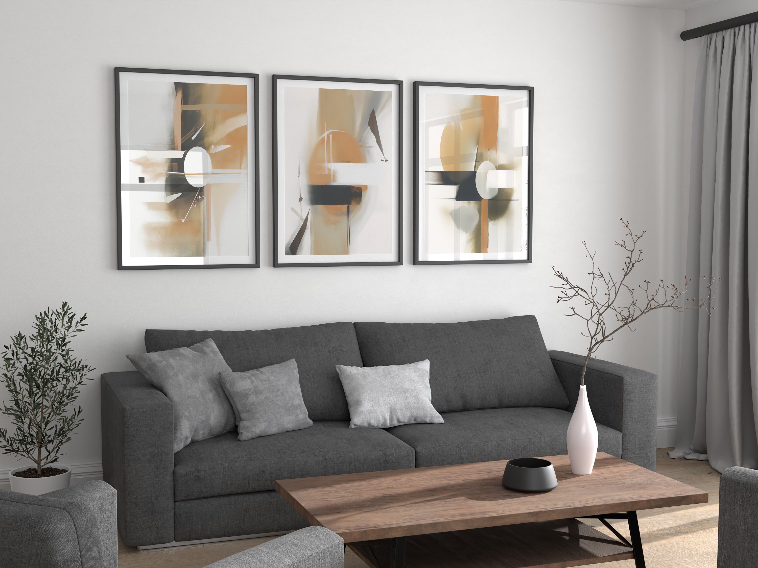 Modern Neutral Abstract 3 Piece Printable Wall Art Black and - Etsy