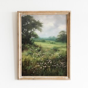 Moody Printable Wildflower Field Vintage Landscape Painting, Farmhouse Wall Art