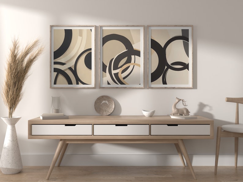 Mid Century Modern Abstract Black and Beige Printable Wall Art Set of 3 ...