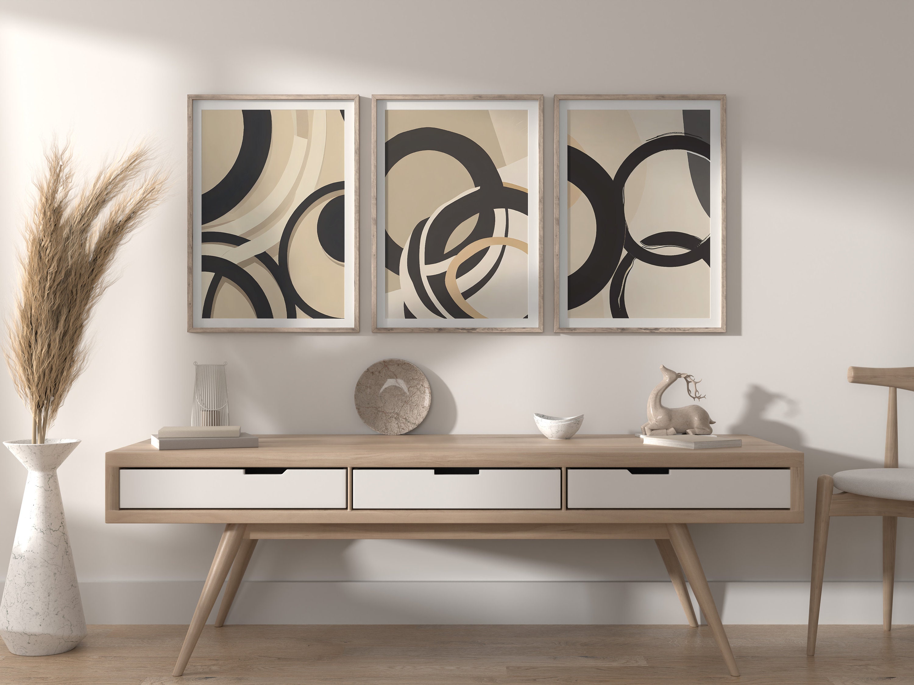 Mid Century Modern Abstract Black and Beige Printable Wall Art Set of 3 ...