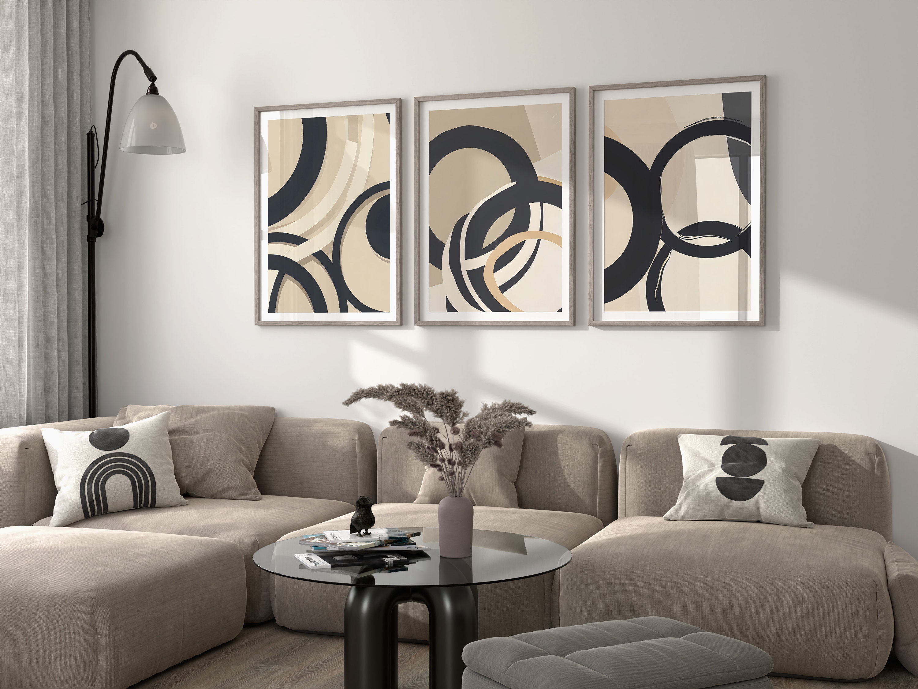 Mid Century Modern Abstract Black and Beige Printable Wall Art Set of 3 ...