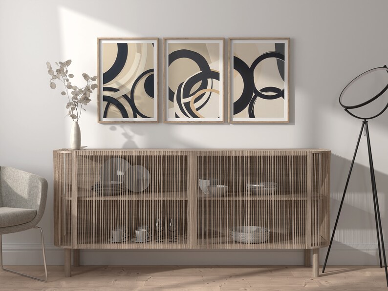 Mid Century Modern Abstract Black and Beige Printable Wall Art Set of 3 ...