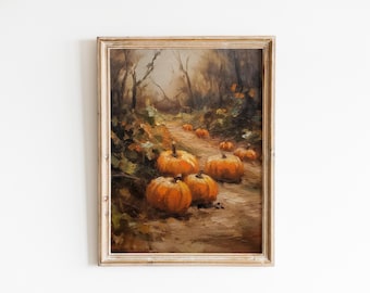 May include: A framed oil painting depicting a path through a forest with pumpkins scattered along the way. The pumpkins are various shades of orange and yellow, and the forest is painted in shades of brown and green.