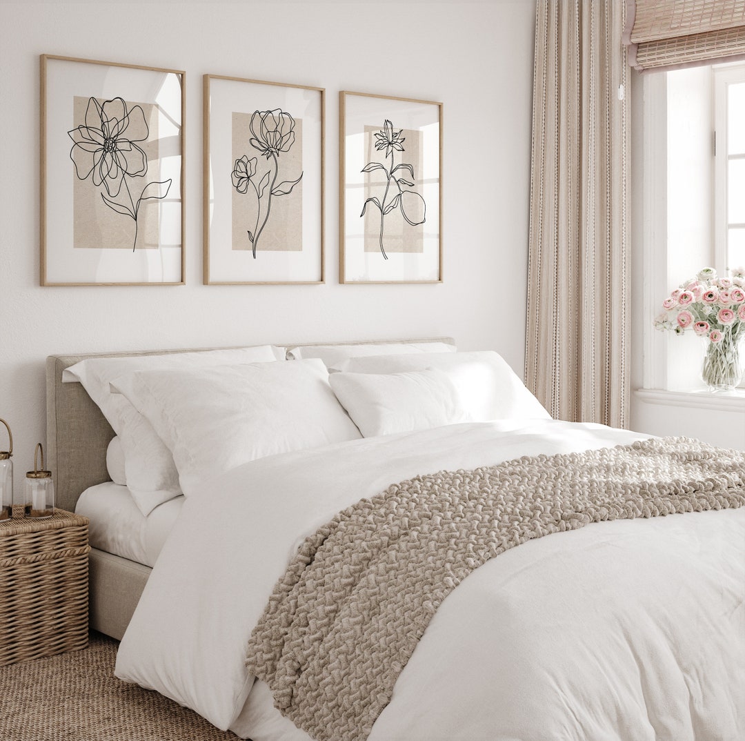Botanical Line Art Prints Set of 3, Neutral Beige Minimalist Wall Art ...