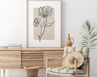 Boho Floral Line Art Print | Minimalist Beige Wall Decor (Digital Download)