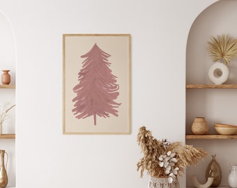 May include: A framed print of a pink watercolor tree silhouette on a white wall with a vase of dried pampas grass in the foreground.