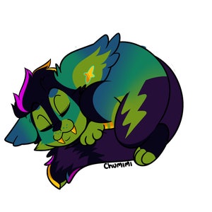 May include: A green, blue, and purple cartoon creature with wings is curled up sleeping. The creature has a yellow butterfly on its wing and a lightning bolt pattern on its body.