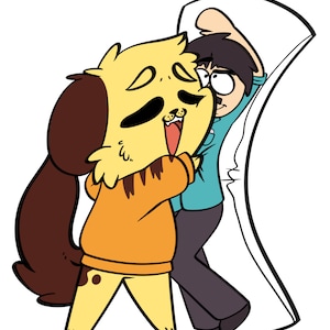 May include: A cartoon illustration of a yellow dog-like character hugging a person. The dog wears an orange sweater and has brown ears and a tail. The person wears a blue shirt and gray pants. The artwork is on a white background.