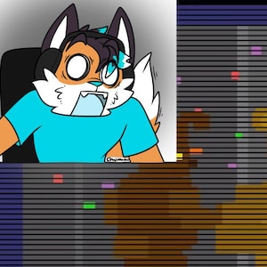 May include: A digital illustration of an anthropomorphic fox character with orange fur, white chest fur, and black-tipped ears, wearing a bright blue t-shirt and black headphones, displaying a shocked expression while looking at a glitching screen.