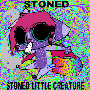 May include: A digital illustration of a purple creature with pink hair, large black eyes, and a white star pattern. It holds a white cigarette, has small wings, and a colorful leopard-print tail. The text reads STONED STONED LITTLE CREATURE.