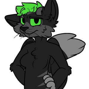 May include: A black and gray furry cartoon character with green hair and green eyes. The character has a nose ring and the text "Chumini" is written on its chest.
