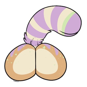 May include: A cartoon illustration of a pair of buns with purple and white striped tails. The buns are decorated with a light brown glaze and green sprinkles.