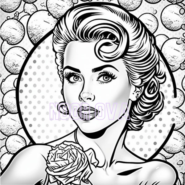 Pop Art Coloring Pages of Iconic Women from the 80s and 90s: Add a Pop of Color to Your Live "Digital Download PNG"