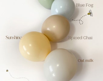 Puede incluir: Un conjunto de cinco globos en varios colores pastel, incluyendo verde salvia, niebla azul, chai especiado, amarillo sol y leche de avena. Los globos están dispuestos en semicírculo y presentan el texto "BALLOON VILLA" y "CLASSIC Winnie the Pooh collection".