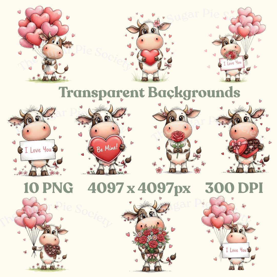 Whimsical Cow Clipart Set: 10 PNG Transparent Background Graphics | Cow ...