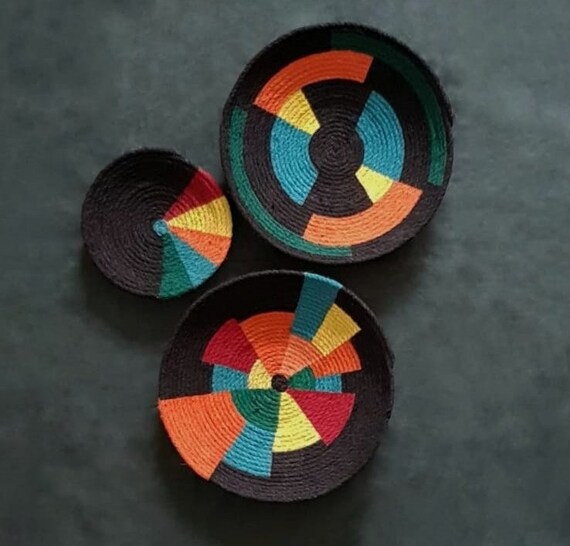 Handmade African Wall Plate Set, Boho Wall Decor, Straw Rope Art