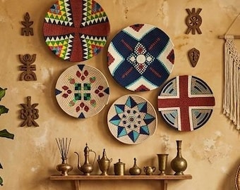 Handmade African Wall Plate Set: Boho Woven Basket Decor