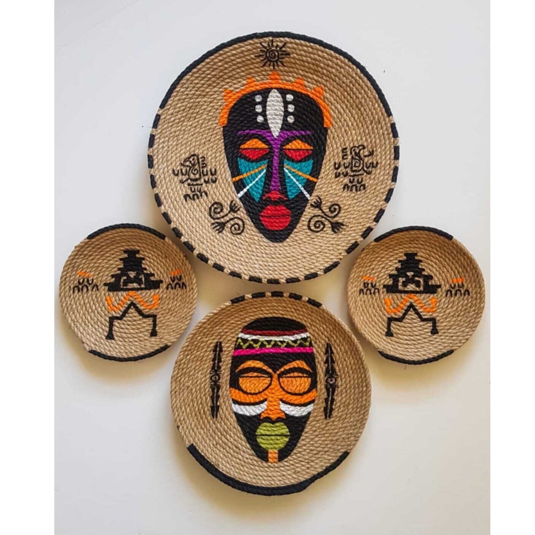 Decor Set of 4 African Plates, Wall Plate, Boho Wall Decor, African