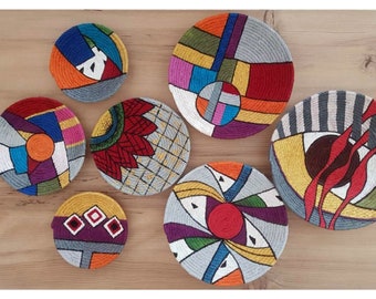 Set von 7 afrikanischen Wandtellern: Boho Gewebtes Korb-Dekor