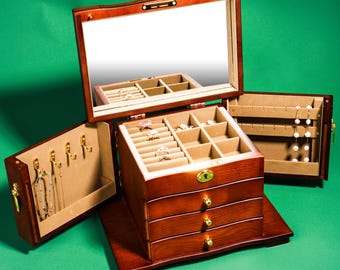Joyero de madera grabado de 4 niveles, organizador de joyas grande con cerradura y cajón, soporte para joyas, regalo personalizado de cumpleaños para la esposa