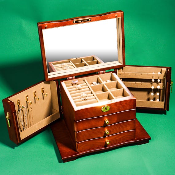 Engrave 4 layer Wooden Jewelry Box,Large Locking Jewelry Organizer Storage with drawer,Jewelry holder,Personalized gift Birthday gift wife