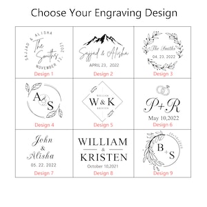 K&ouml;nnte beinhalten: Neun verschiedene Designs f&uuml;r einen personalisierten Gravurstempel. Die Designs zeigen verschiedene Schriftarten, Stile und Layouts, darunter Namen, Daten und Initialen.