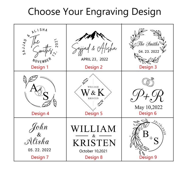 K&ouml;nnte beinhalten: Neun verschiedene Designs f&uuml;r einen personalisierten Gravurstempel. Die Designs zeigen verschiedene Schriftarten, Stile und Layouts, darunter Namen, Daten und Initialen.