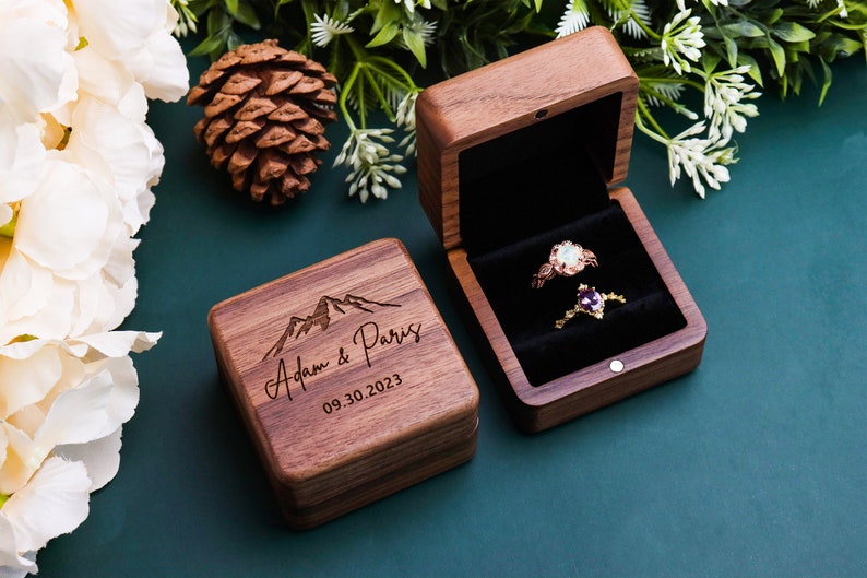 Square Double Ring Box Engraved Wood Ring Bearer Box for Wedding Ceremony, Proposal or Engagement Ring Box Gift, Storage for 2 Rings image 5