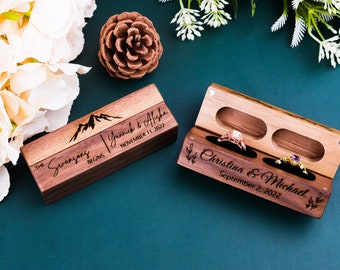 Personalized Wedding Ring Box, Wide Wood Double Ring Box, Ring Bearer Box, Slim Unique Ring Holder, Ring Box Proposal, Modern Rustic Wedding