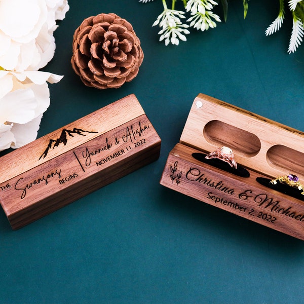 Personalized Wedding Ring Box, Wide Wood Double Ring Box, Ring Bearer Box, Slim Unique Ring Holder, Ring Box Proposal, Modern Rustic Wedding