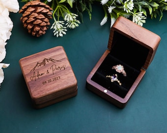 Engagement Ring Box | Square Wooden Ring Box for Wedding Ceremony | Double Slot Wedding Ring Box | Ring Bearer Box| Anniversary Gift