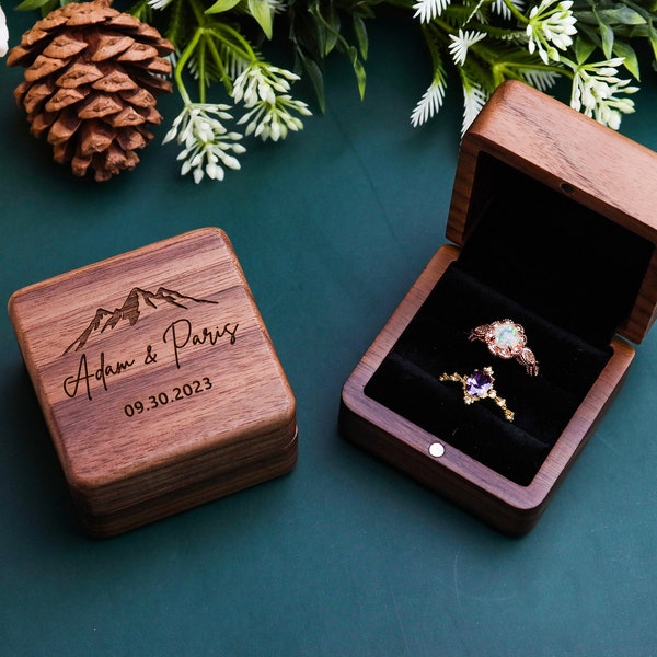 Caja para anillos de compromiso | Caja cuadrada de madera para bodas | Caja para anillos de boda con doble ranura | Caja para anillos | Regalo de aniversario