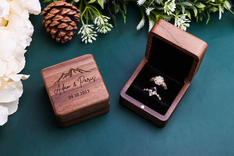 Square Double Ring Box Engraved Wood Ring Bearer Box for Wedding Ceremony, Proposal or Engagement Ring Box Gift, Storage for 2 Rings image 2
