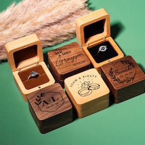 Caja de anillo de boda personalizada, caja de madera personalizada, caja de anillo de compromiso, portador de anillo, caja de anillo de una sola ranura, propuesta, soporte de anillo grabado