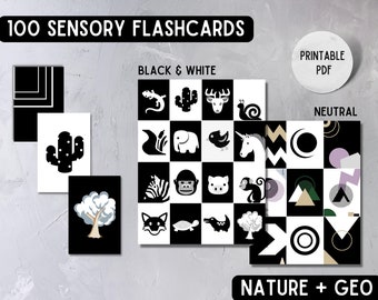 Printable Sensory Flashcards, High Contrast Newborn Baby Game, Black & White Sensory Development Toys Flashcard Pack, Minimalist Nursery