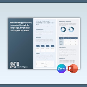 May include: A digital infographic with a dark blue left panel and a white right panel. The left panel has the text "Main finding goes here, translated into plain language. Emphasize the important words." The right panel has the title "TITLE OF THIS GREAT RESEARCH PROJECT GOES HERE".