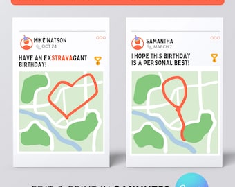 Tarjeta de cumpleaños personalizable de Strava para corredores en Canva / Regalo de cumpleaños personalizado de Strava para corredores, tarjeta de cumpleaños personalizada para corredores, edición en Canva