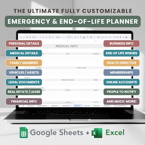 Op de afbeelding: Een laptop met een digitaal planner met secties voor persoonlijke, medische en zakelijke informatie. De tekst luidt: "De ultieme volledig aanpasbare nood- en levensplannen." Inclusief Google Sheets- en Excel-logo's.