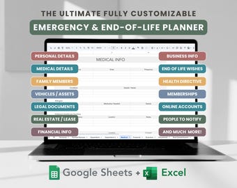 Planner in geval van nood en einde van de levensduur Aanpasbare Google Spreadsheets- en Excel-sjabloon, In Case I Die, Before Death Planner XLSX-sjabloon