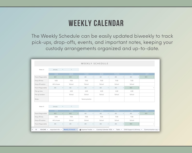 Co-Parenting Planner Google Sheets | Custody Calendar, Expense Tracker & Communication Log | All-in-One Divorced Parent Template image 3