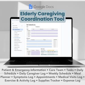 Puede incluir: Una captura de pantalla de un documento de Google Docs titulado "Herramienta de coordinación de cuidados para personas mayores". El documento contiene un registro diario de cuidados con secciones para alimentos, medicamentos, sueño y otras notas.
