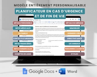 Planificateur en Cas d'urgence et de Fin de Vie Google Docs et Word, End of Life Planner en francés, Préférences de soins, dernières volontés