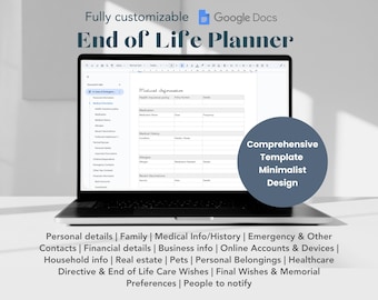 Uitgebreide planner voor einde levensduur Google Documenten | Noodplanner, overlijdensplanner, bewerkbare planner einde levensduur, afdrukbaar minimalistisch ontwerp