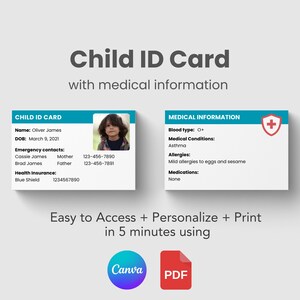 Scheda identificativa e informazioni mediche per bambini stampabile, informazioni di emergenza modificabili per bambini, scheda di allerta medica personalizzata per bambini, etichetta con il nome per zaino per bambini